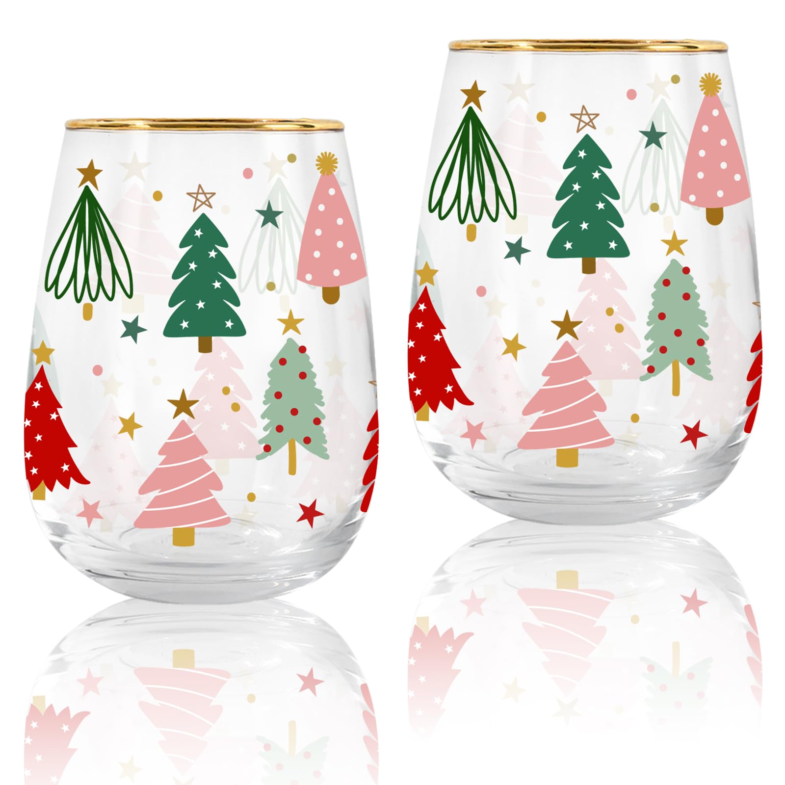 Verres à vin de Noël bord doré haut de gamme set de 2 gobelets sapins élégants 500 ml