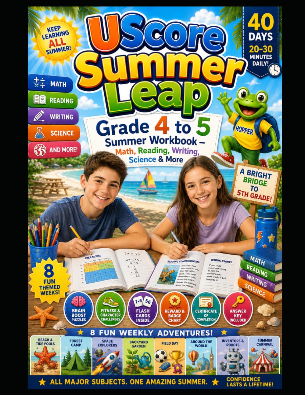UScore Summer Leap: Grade 4 to 5 Summer Workbook — Math, Reading, Writing, Science & More