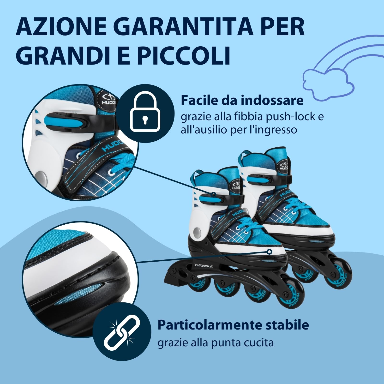HUDORA Pattini in linea Basic blue/mint - Pattini in linea per bambini e ragazzi in diverse misure - Pattini a rotelle regolabili su 4 misure - Ideali per iniziare con un modello di qualità