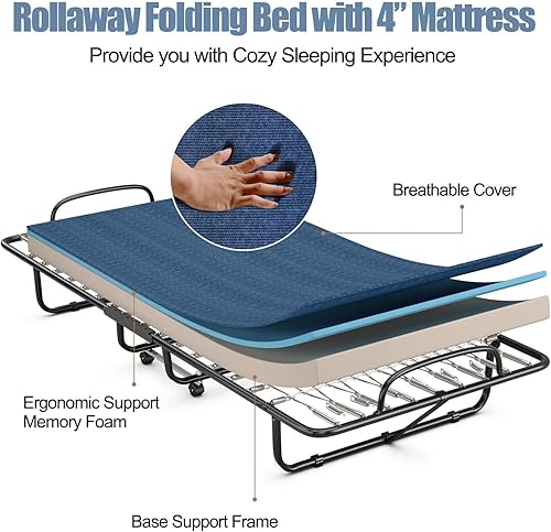 Miniatura 4 de GOFLAME Cama plegable con colchón de espuma viscoelástica de 4 pulgadas, cama de invitados plegable con marco de metal para niños y adultos, cama