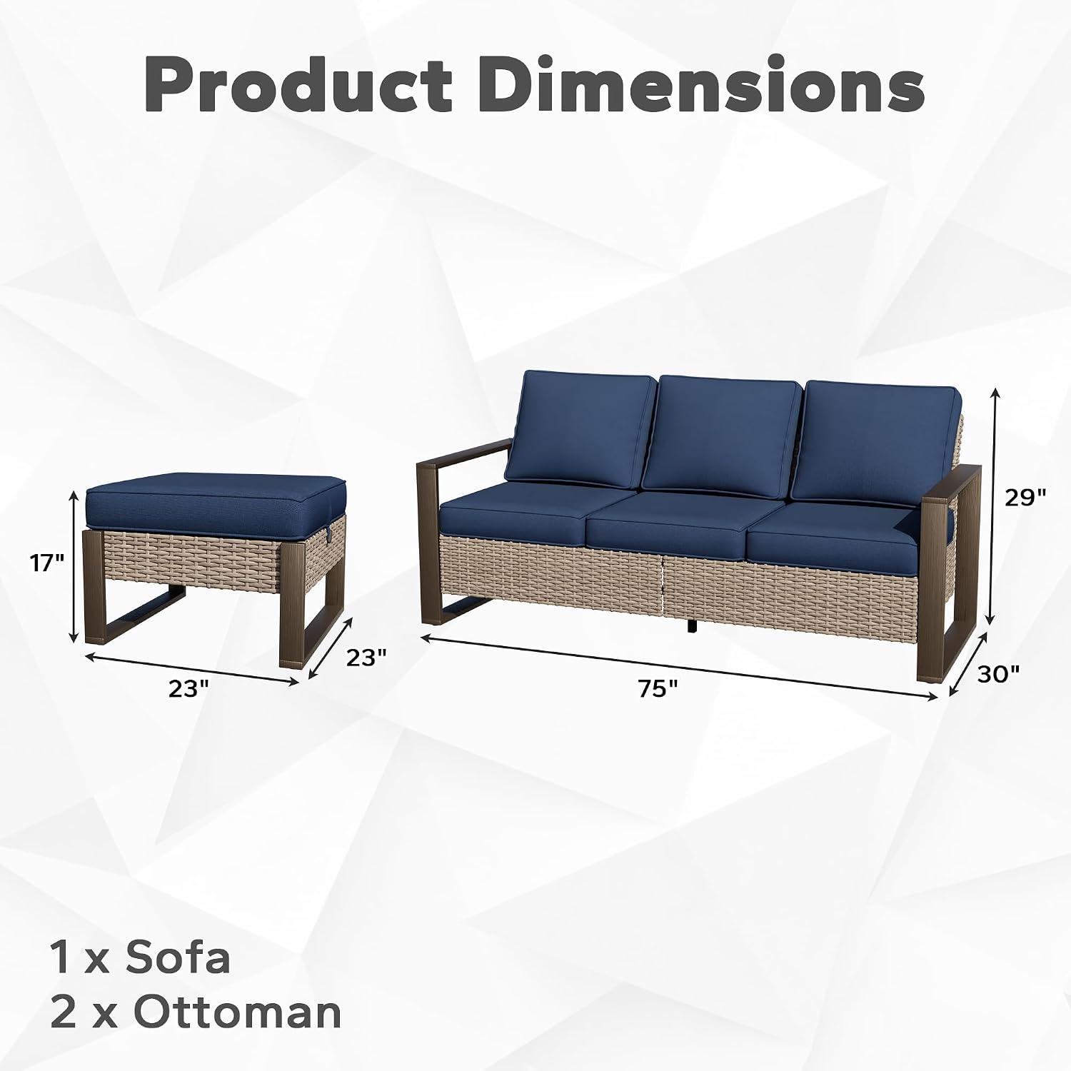 Joyside Outdoor Patio Sofa, 4 Pieces Wicker Rattan Furniture Set, 1 Patio Couch and 2 Ottoman, Metal Wide Armrest, Thick Cushions and Deep Seating for Garden, Backyard, Porch, Deck