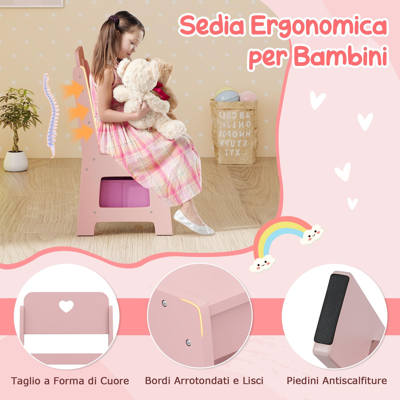 COSTWAY Toeletta Trucco per Bambina con Sgabello, Postazione Trucco con Luci, Scaffali a Vista, Prtagioielli, Libreria a 2 Ripiani e Contenitore in Tessuto, Ideale per Bambina 3+ Anni (Rosa)