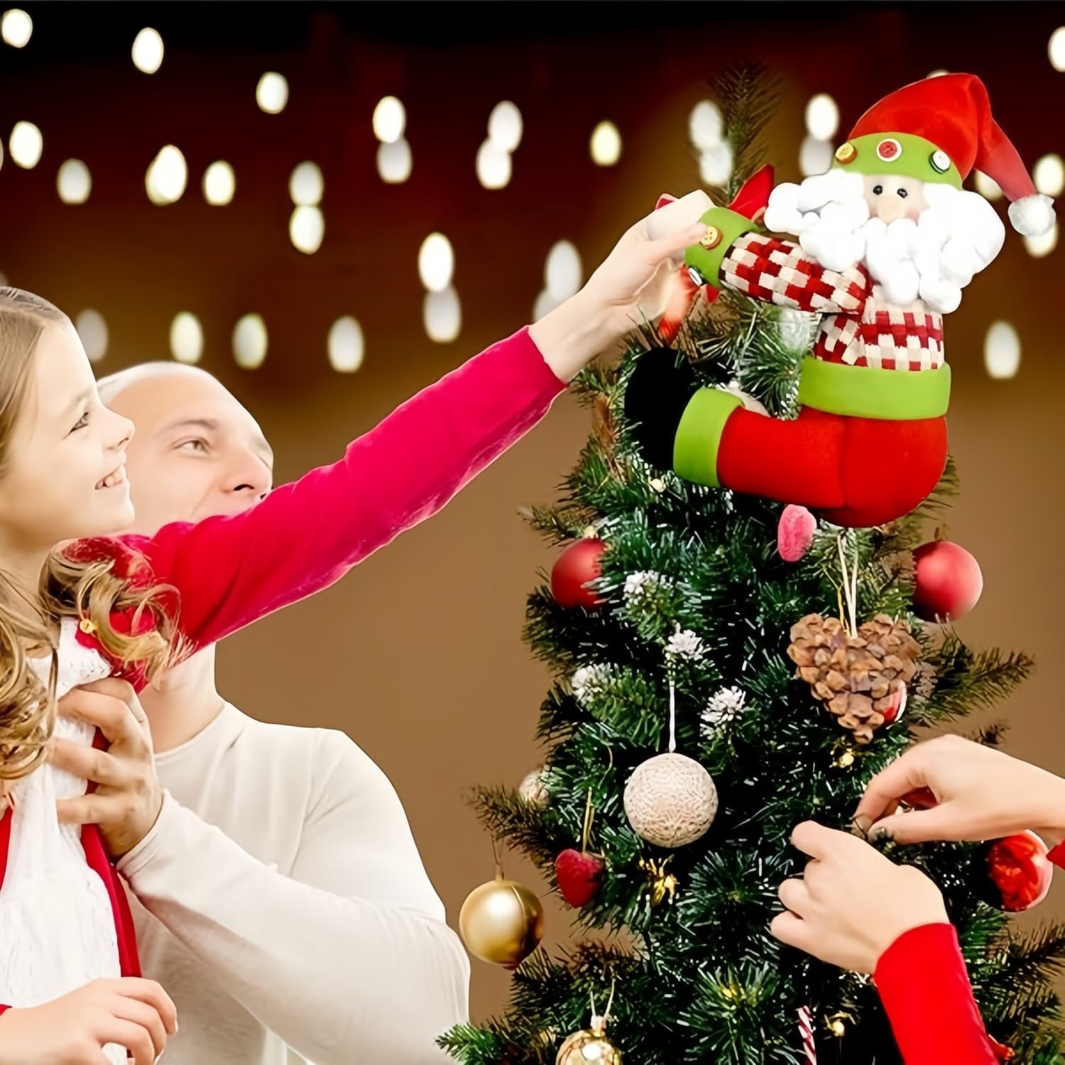KAHEIGN Punte per Albero di Natale, 33CM Grande Puntale per Albero di Natale di Babbo Natales Cappello a Cilindro con Barba e Giacc Scozzese per Fermatende Bottiglia di Vino Hugger Natales Decorazioni