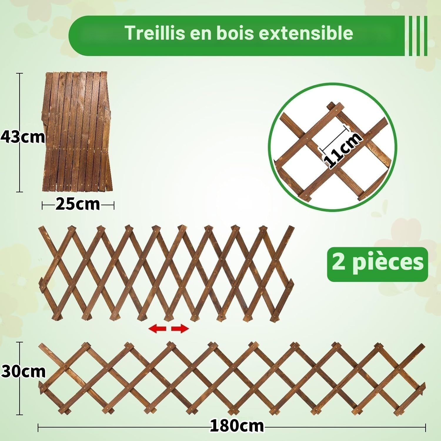 LATERN 2 Pièces Treillis Extensible pour Plantes, 180CM x 30CM Panneau en Treillis de Bois pour Plantes Grimpantes Cadre Décoratif Mural Suspendu pour Chambre Jardin Terrasse Intérieur Extérieur