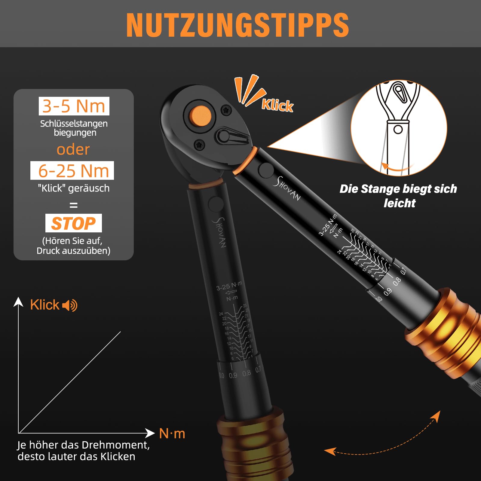 ss shovan 1/4" Chiave Dinamometrica Bici 3-25Nm, 72 Denti, Include adattatore da 1/4" a 3/8", giunto cardanico ed estensione da 100 mm, Kit Chiavi Dinamometriche Portatile per Bicicletta