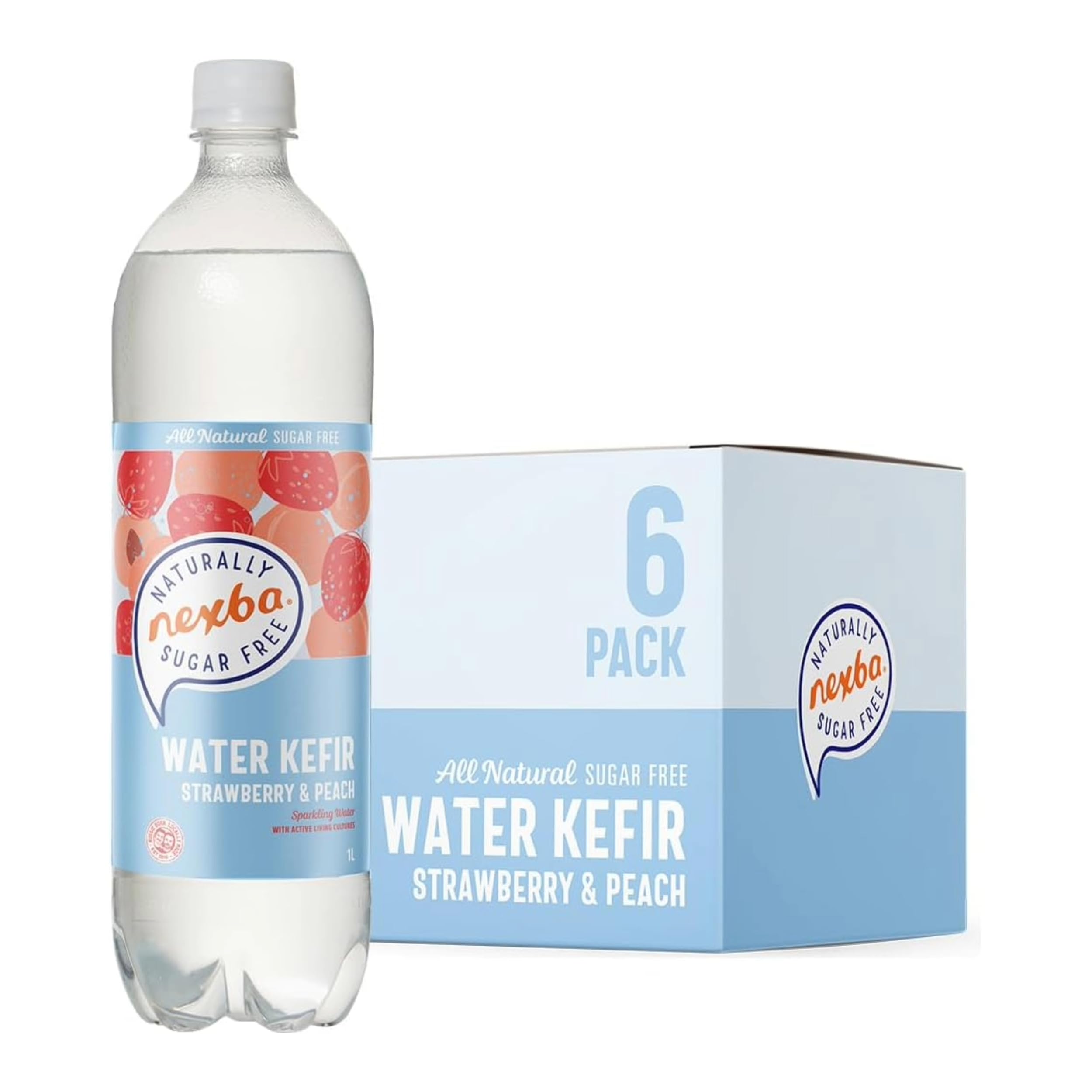 Strawberry & Peach Water Kefir, All Natural, Sugar Free, 1 Litre (Pack of 6) - All Natural, Sugar Free & Healthy Beverage