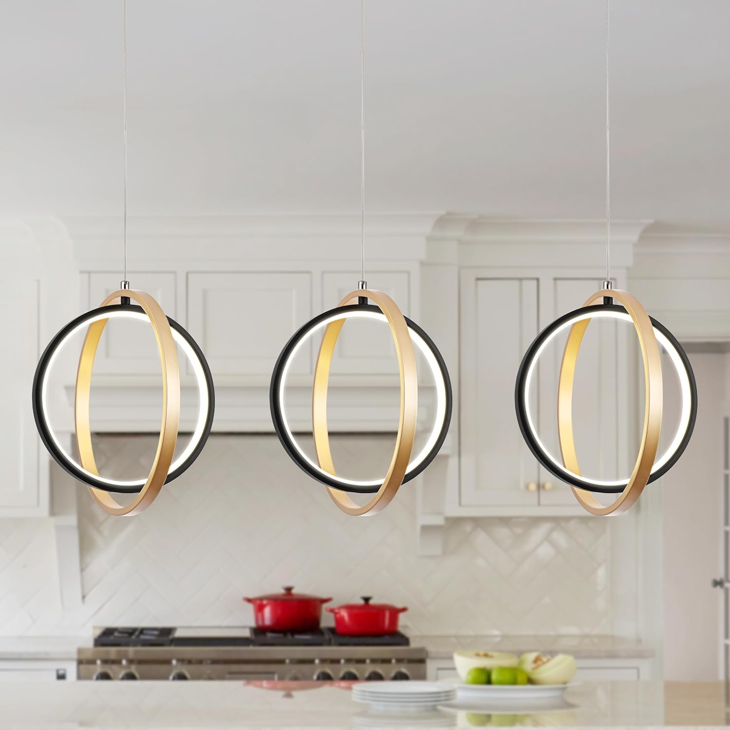 3 Packs Gold Modern LED Pendant Light Modern Led Pendant Light Ring Chandelier Height-Adjustable Suspended Ceiling Fixtures for Entrance Living Room Dining Room Kitchen Island Bedroom