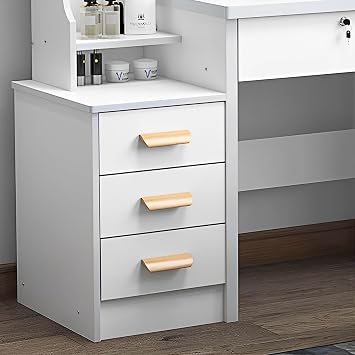 Makeup Vanity with Mirror and Lights,Modern Bedroom Makeup Table Set with Upholstered Stool,Vanity Desk with 4 Drawers & Shelves,3 Color Lighting Brightness Adjustable,White (4 Drawers-1)