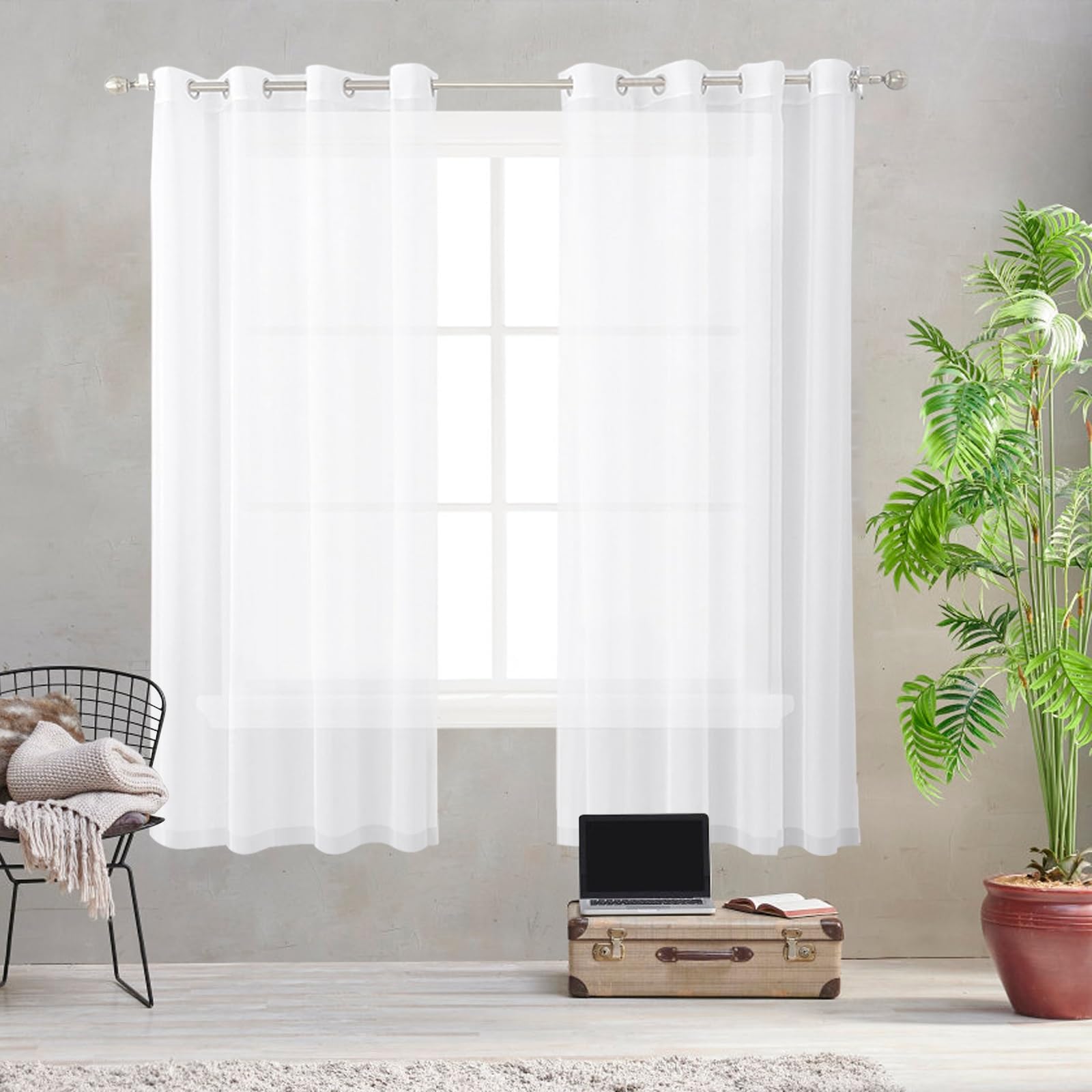 Firany Z Woalu 225 x 210 cm Zasłony Do Kawiarni Z Kieszenią Na Karnisz, Miękka Faktura, 2 Panele Firany Z Siatki Do Okien Do Sypialni Salonu, Biały