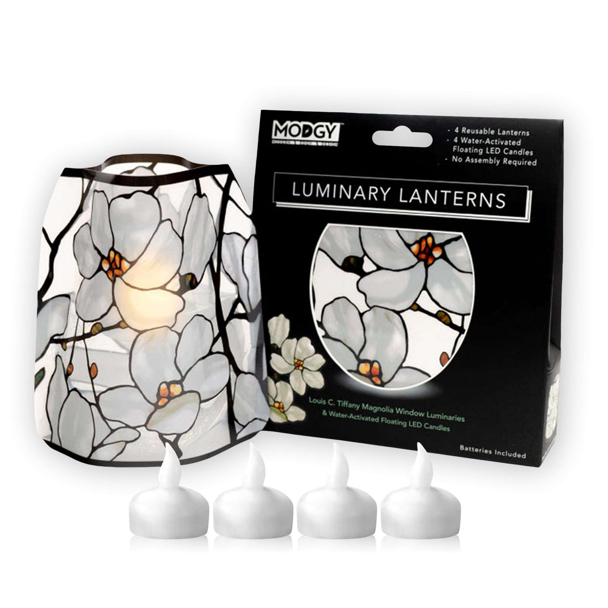 MODGYLuminary Lanterns 4-Pack - Floating LED Candles with Batteries Included - Luminaries are Great for Weddings, Parties, Patios & Celebrations of All Kinds (Louis C. Tiffany Magnolia Window)