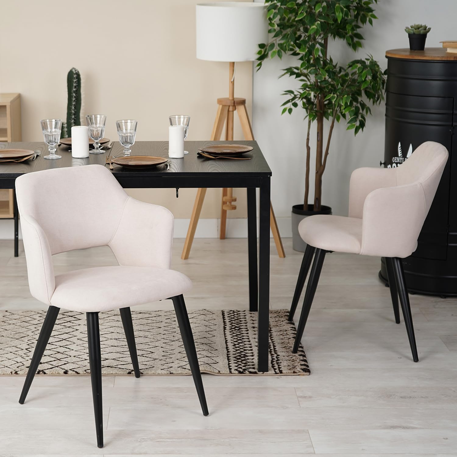 MEUBLE COSY Set di 2 Sedie da Pranzo Scandinavo Imbottito con Schienale Braccioli in Tessuto per Cucina Sala Soggiorno, Beige, 48x54.5x80cm