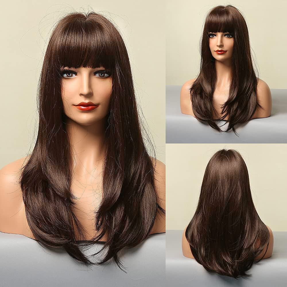 HAIRCUBELong Black Wig with Bangs Natural Long Wavy Wigs for Women Heat Resistant Fiber Synthetic Wigs Long Straight layered realistic wigs Daily Natural looking