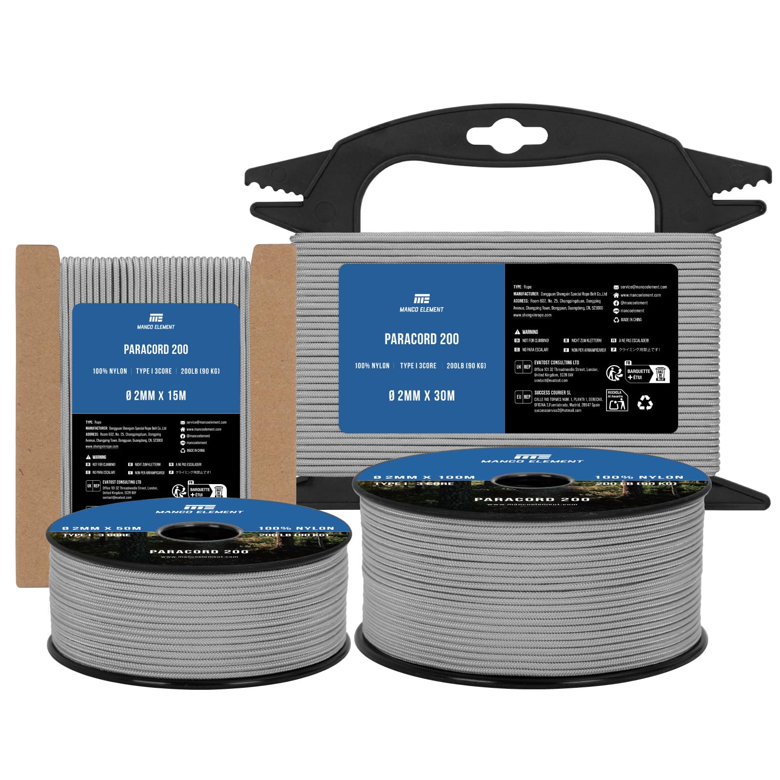 Manco Element Paracord 2mm 15m 3 Strands Type I Grey | 100% Nylon Parachute Cord Rope | 90KG Load Capacity - Ideal for DIY, Crafting, Outdoor, Camping