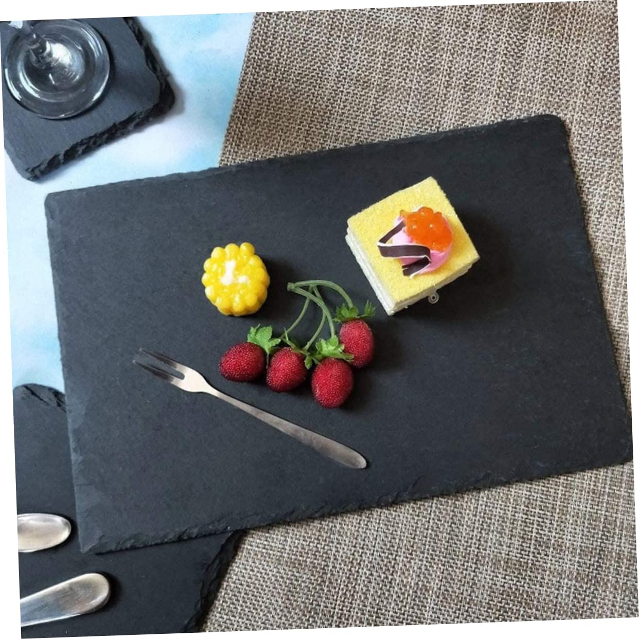 DECHOUS 2 Stück Schiefer Servierbrett für Steak und Sushi, Schwarz