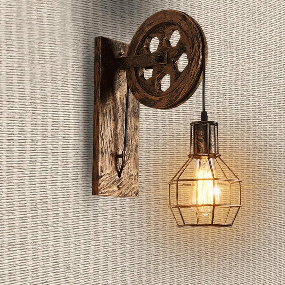 Vintage industrialna rustykalna lampa ścienna z kutego żelaza, styl koła pasowego, gniazdo E27, regulowane zawieszenie, brązowe wykończenie, idealna do wiejskiego domu, restauracji, A b