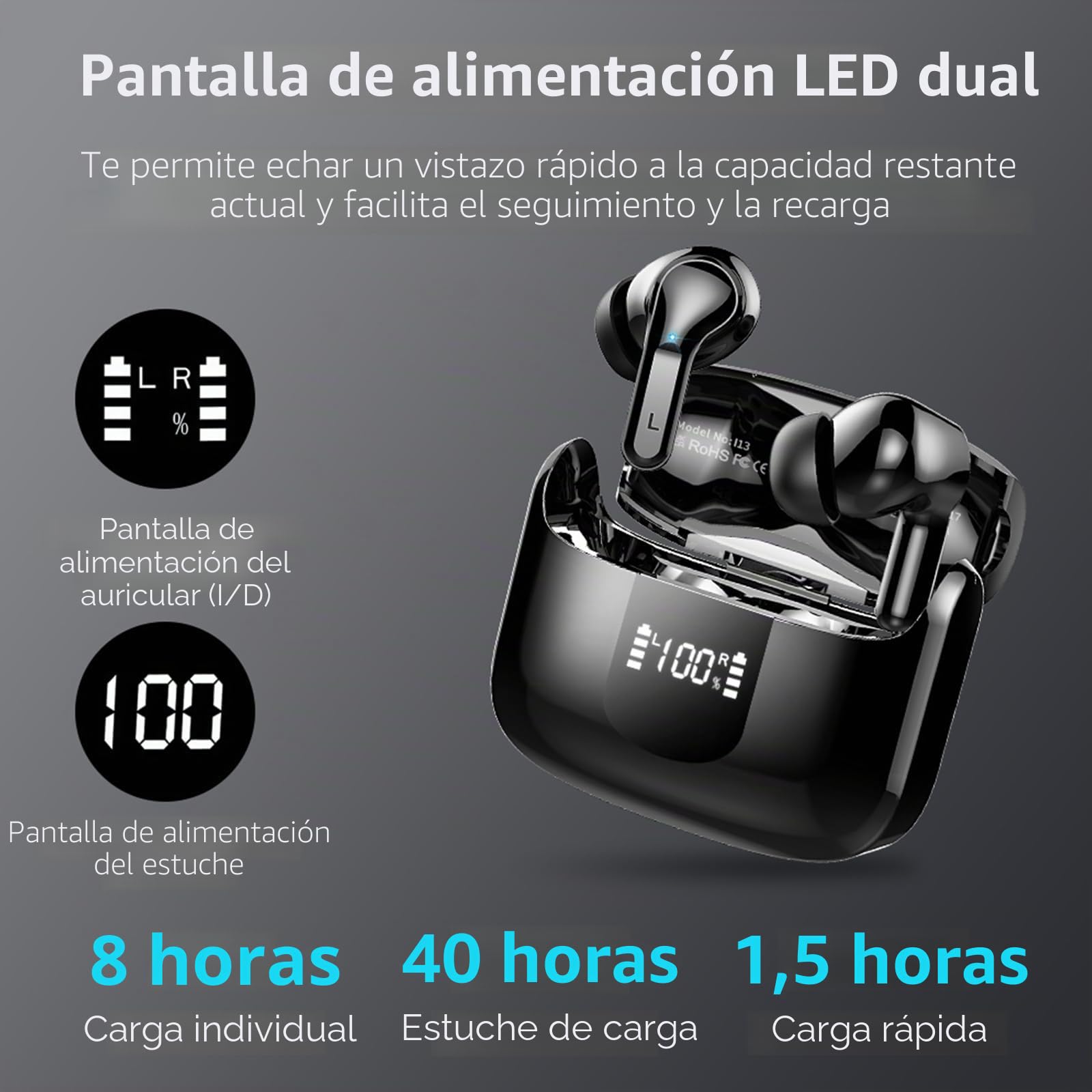 Auriculares Inalámbricos Bluetooth, 2026 Cascos Inalambricos Bluetooth 5.4 HiFi Estéreo con 4 ENC Mics, Auriculare Bluetooth con Reducción de Ruido, 48H Earbuds IP7 Impermeable, USB-C, Pantalla LED