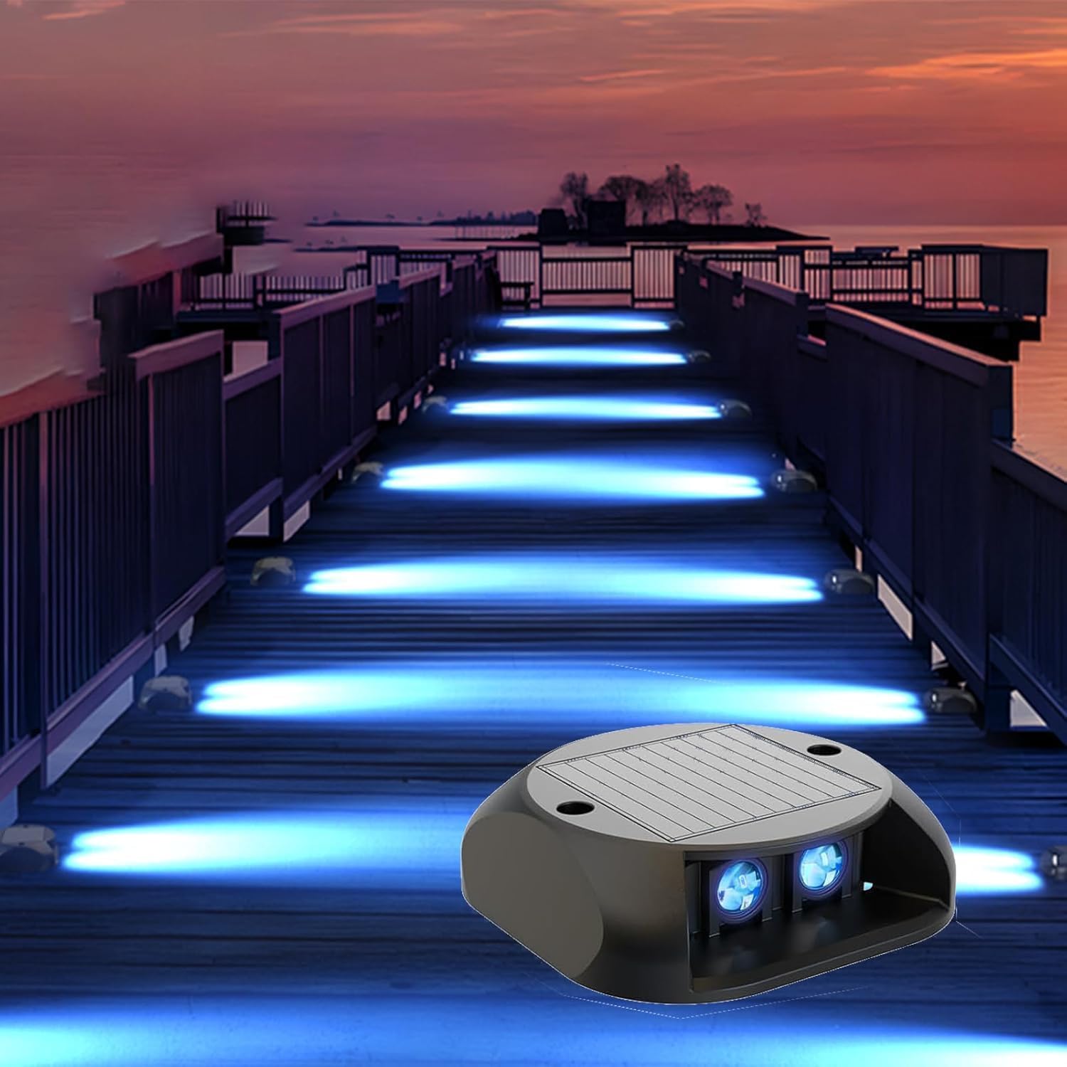 Quntis 12-Pack Solar Deck Lights, IP65 Waterproof Solar Dock Lights, Dusk to Dawn 15Hs Lighting Solar Lights Outdoor, 500M Visible Solar Step Lights for Marine Driveway Pathway Stair Warning Yard,Blue