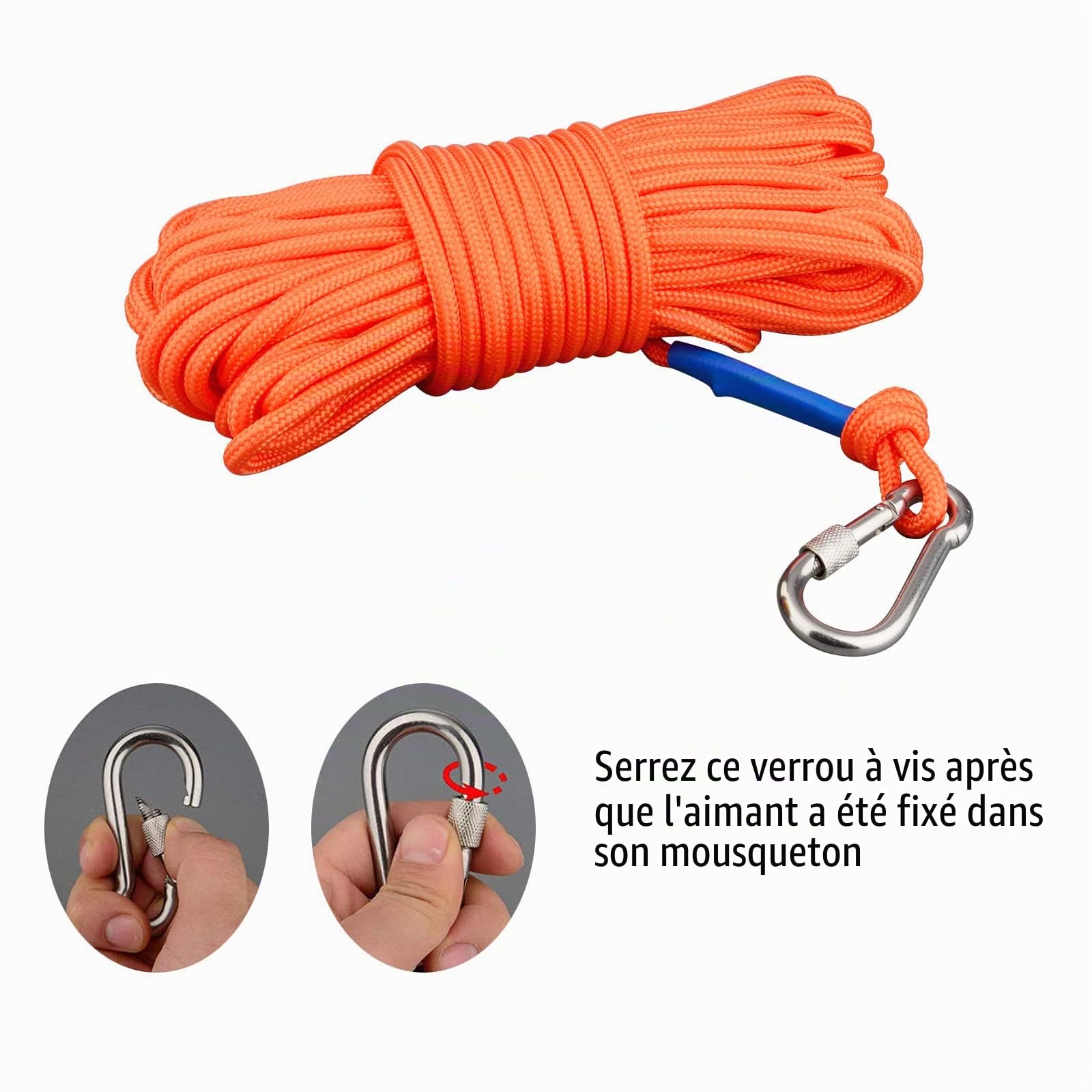 MUTUACTOR Aimant de pêche avec grappins et corde et gant de 20 m, double face combinée 400 kg Force de traction Aimant en néodyme super fort pour la pêche à l'aimant et la récupération en rivière