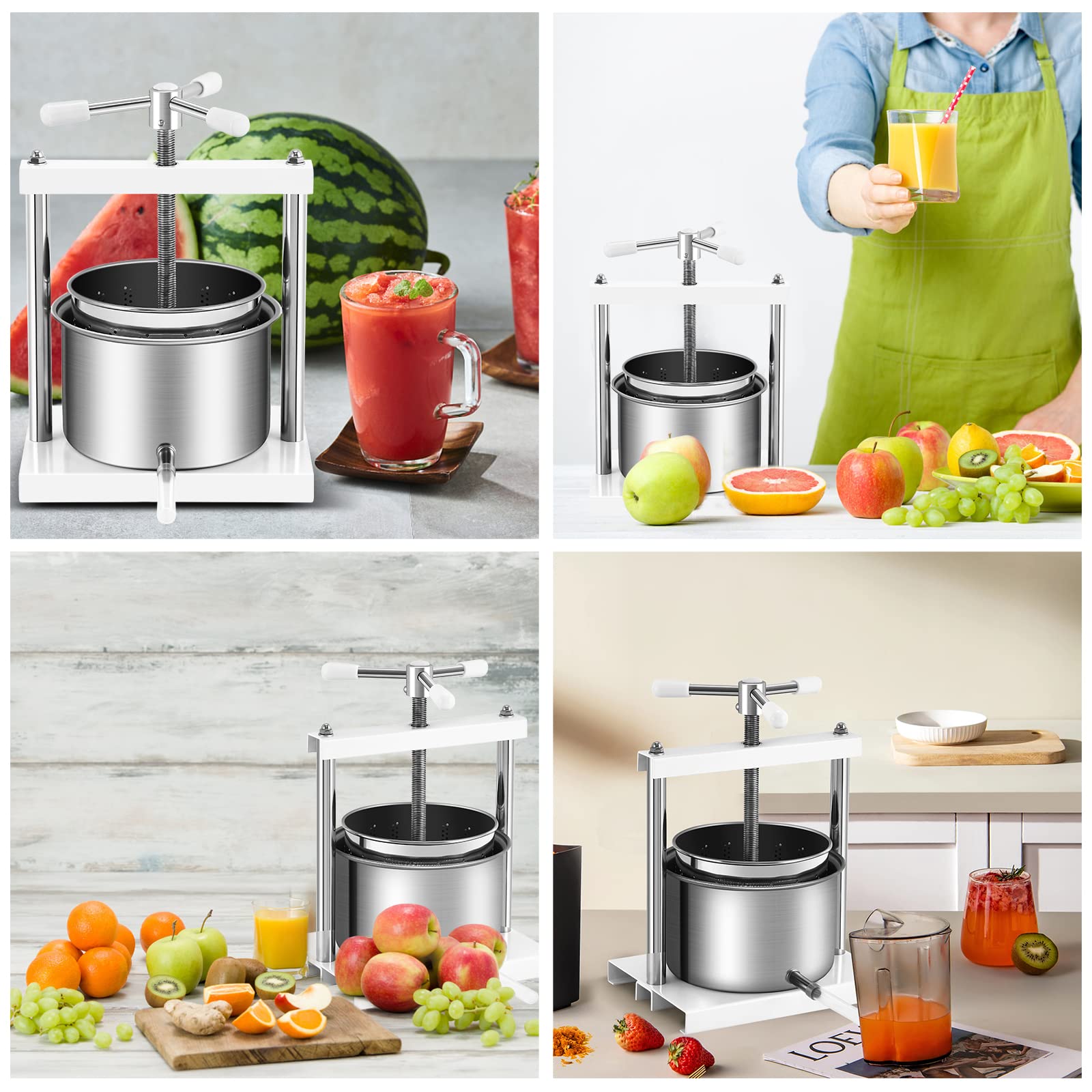Aufun prensa de frutas 5L cesta de acero inoxidable, prensa de frutas prensa de vino 430 de acero, prensado de uvas, frutas, carne, hierbas, grasa, queso vegetal (5L)