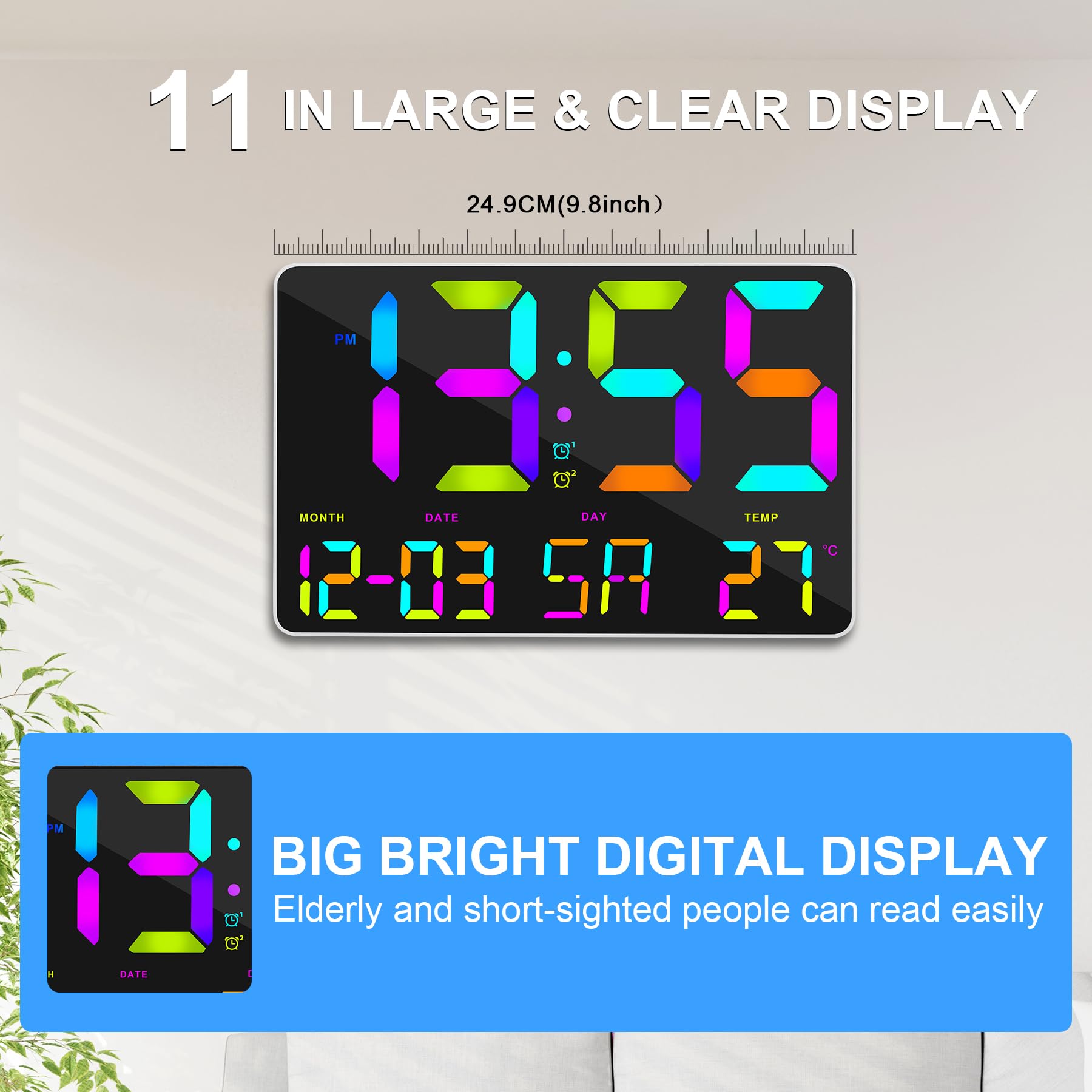 Horloge Murale Numérique LED 12 Pouces - 8 Couleurs D'Affichage, Télécommande, Alimentation Secteur, Pour Maison/Bureau