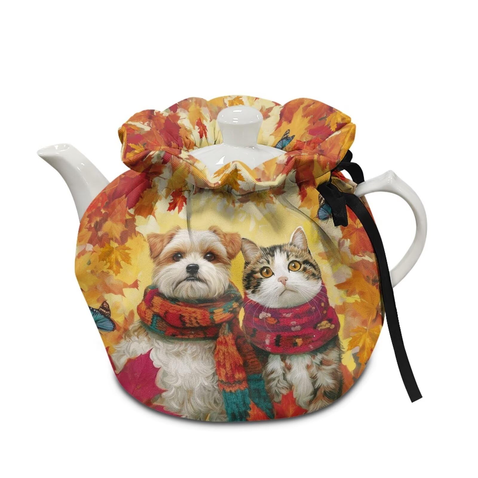 Fall Dog Cat Insulation Cotton Autumn Warm Kettle Cover Breakfast Tea Pot Cover Kitchen Tea Pot Dust Cover with Elastic Band Kitchen Coffee Table Thanksgiving Decorative Accessories