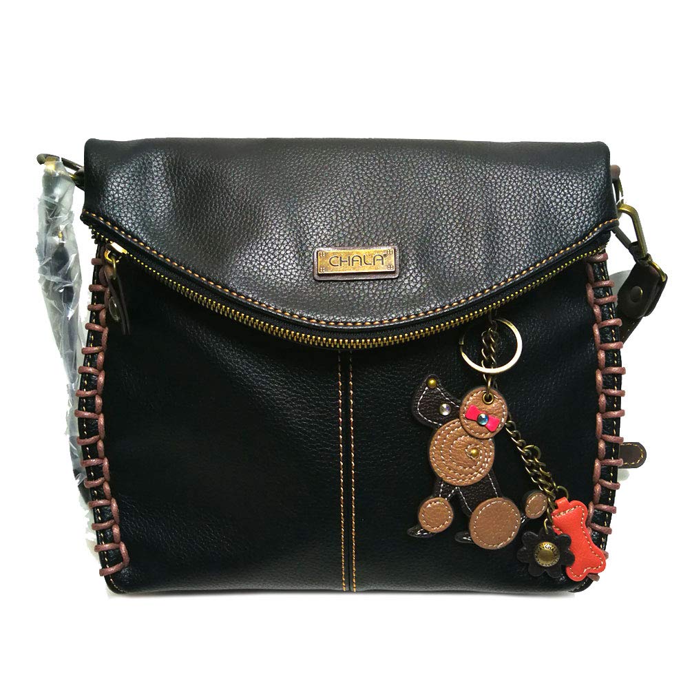 CHALACharming Black Crossbody Bag With Flap Top and Zipper or Shoulder Handbag (Brown Poodle Dog)