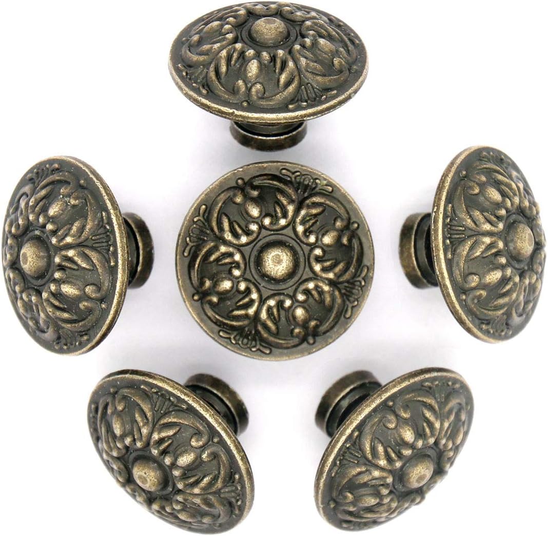 LXZ 6 PCs Vintage Antique Brass Knobs Handles Pulls with Flower Pattern for Cabinet Drawer Door, Diameter 1.3" (3.4 cm)