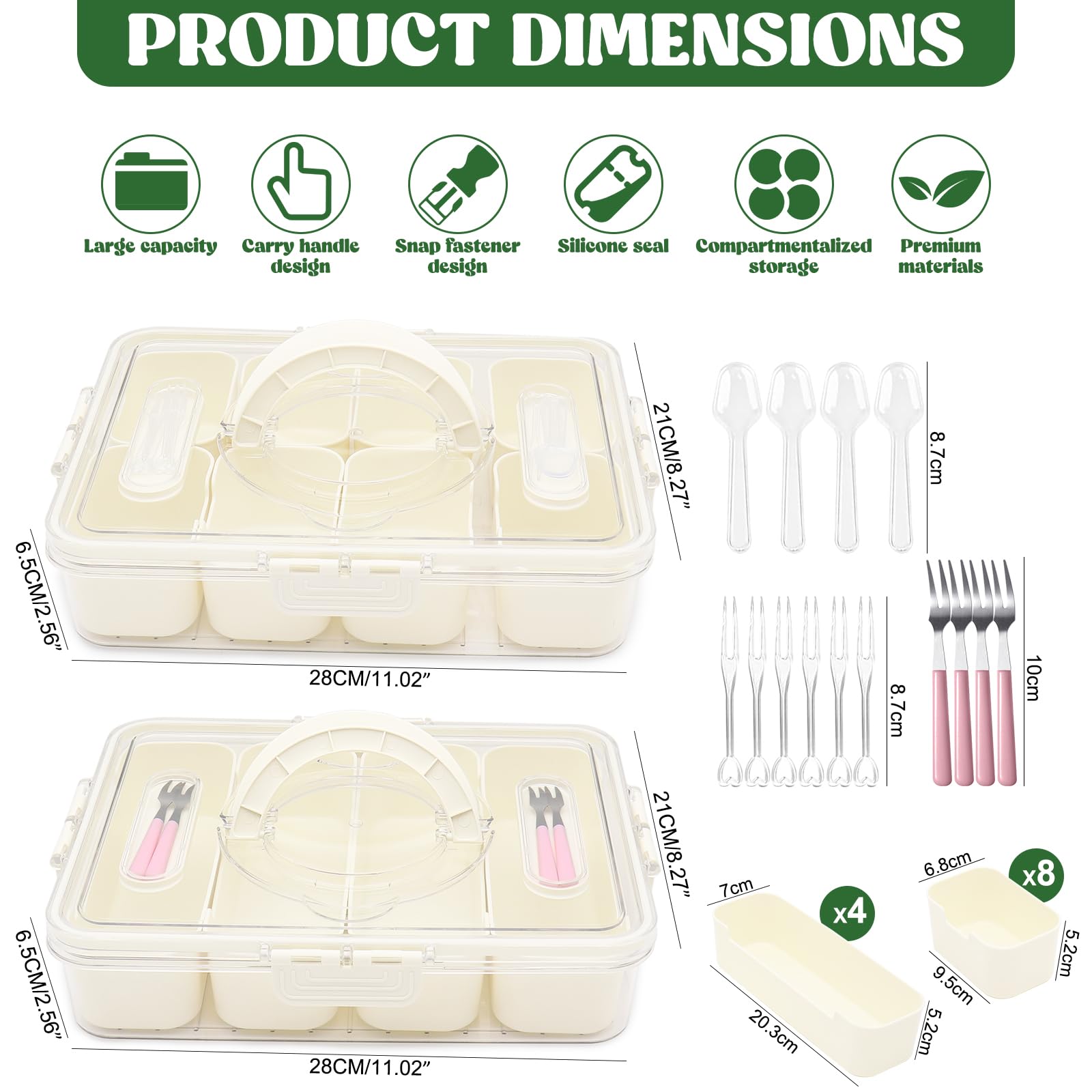 Set de 2 Cajas para Snacks con Tapa – 12 Compartimentos por Bandeja, Transparente y BPA Free – Contenedores Reutilizables para Frutas, Dulces, Salsas, Aperitivos, Picnic y Fiestas – con 4 Tenedores –