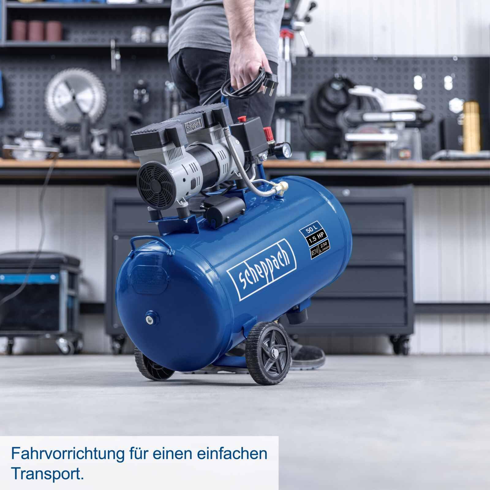 Scheppach Super Silent Doppelzylinder Kompressor HC52Si | Arbeitsdruck 8 bar | Kesselvolumen 50 L | Leistung 1100 W, 230 V~ / 50 Hz | Ansaugleistung 230 L/min | Ölfrei
