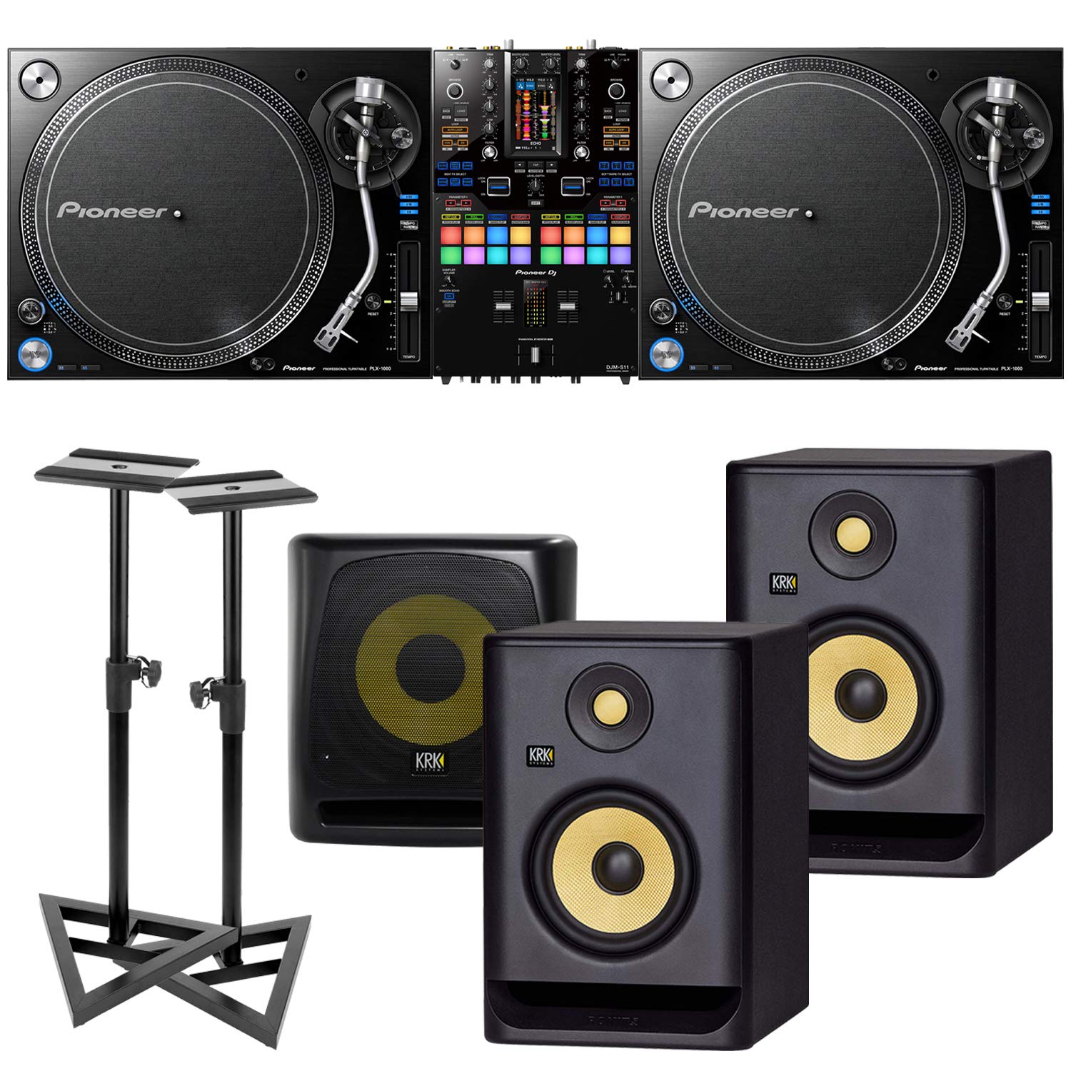 (2) Pioneer DJ PLX 1000 Turntable, Pioneer DJ DJM-S11 Mixer, (2) KRK RP5G4 Monitor, KRK 10S V2 Sub, 