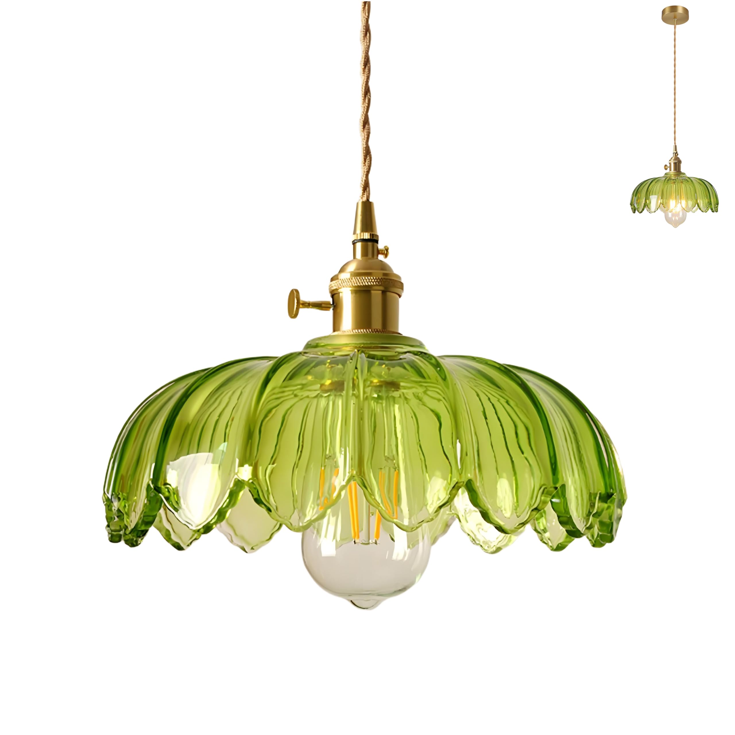 Lámpara Colgante de Cristal Vintage con Portalámparas E27 de Latón e Interruptor, Lámpara de Techo Ajustable en Forma de Loto para Isla de Cocina, Comedor y Sala de Estar (Verde)