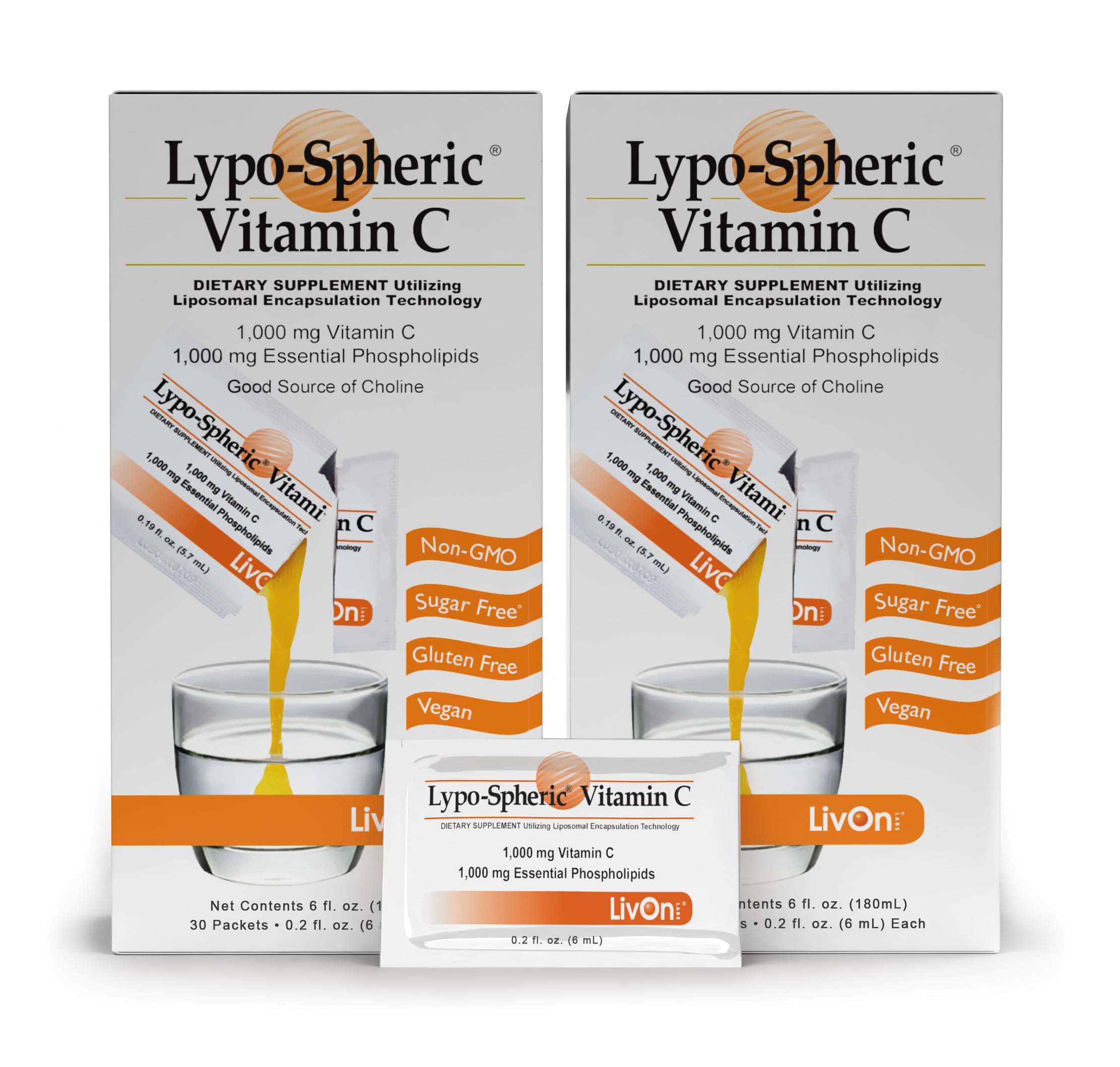 Lypo–Spheric Vitamin C – 2 Cartons (60 Packets) – 1,000 mg Vitamin C & 1,000 mg Essential Phospholipids Per Packet – Liposome Encapsulated for Improved Absorption – 100% Non–GMO