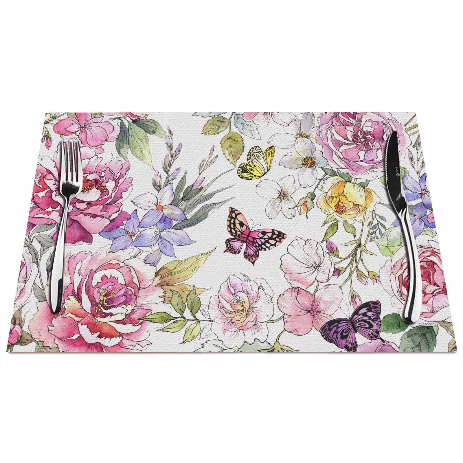 Walmsco Placemats Butterfly Rose Flower Painting Decor For Dining Room Kitchen Table,Waterproof Non-Slip Washable Heat Resistant Placemats,Set of 4,12"x18"