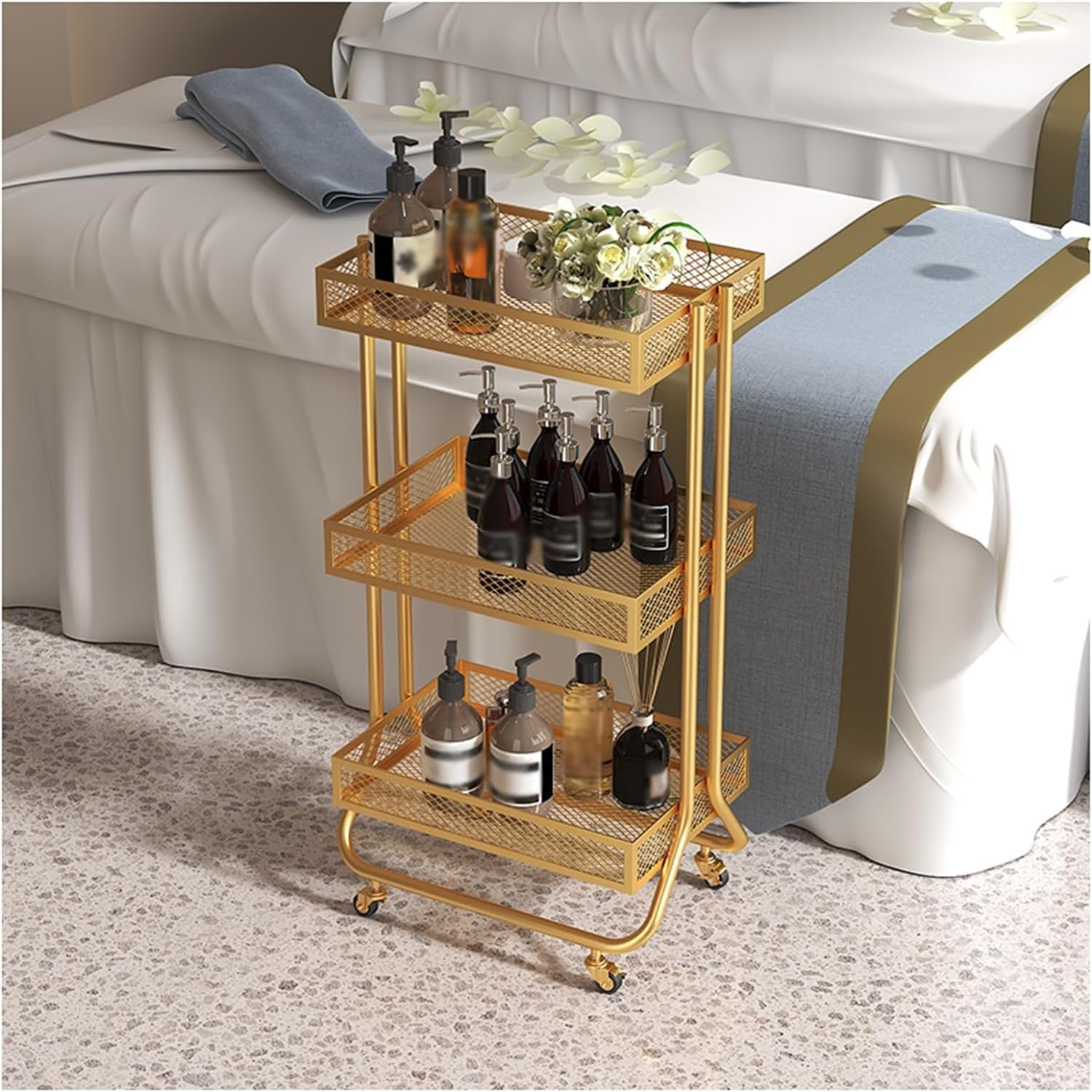 VUIKLCty Salon Cart 3 Tier Salon Trolley Iron Trolley Cart Heightened Guardrail Salon Rolling Cart With Casters Salon Trolley Cart(Gold)