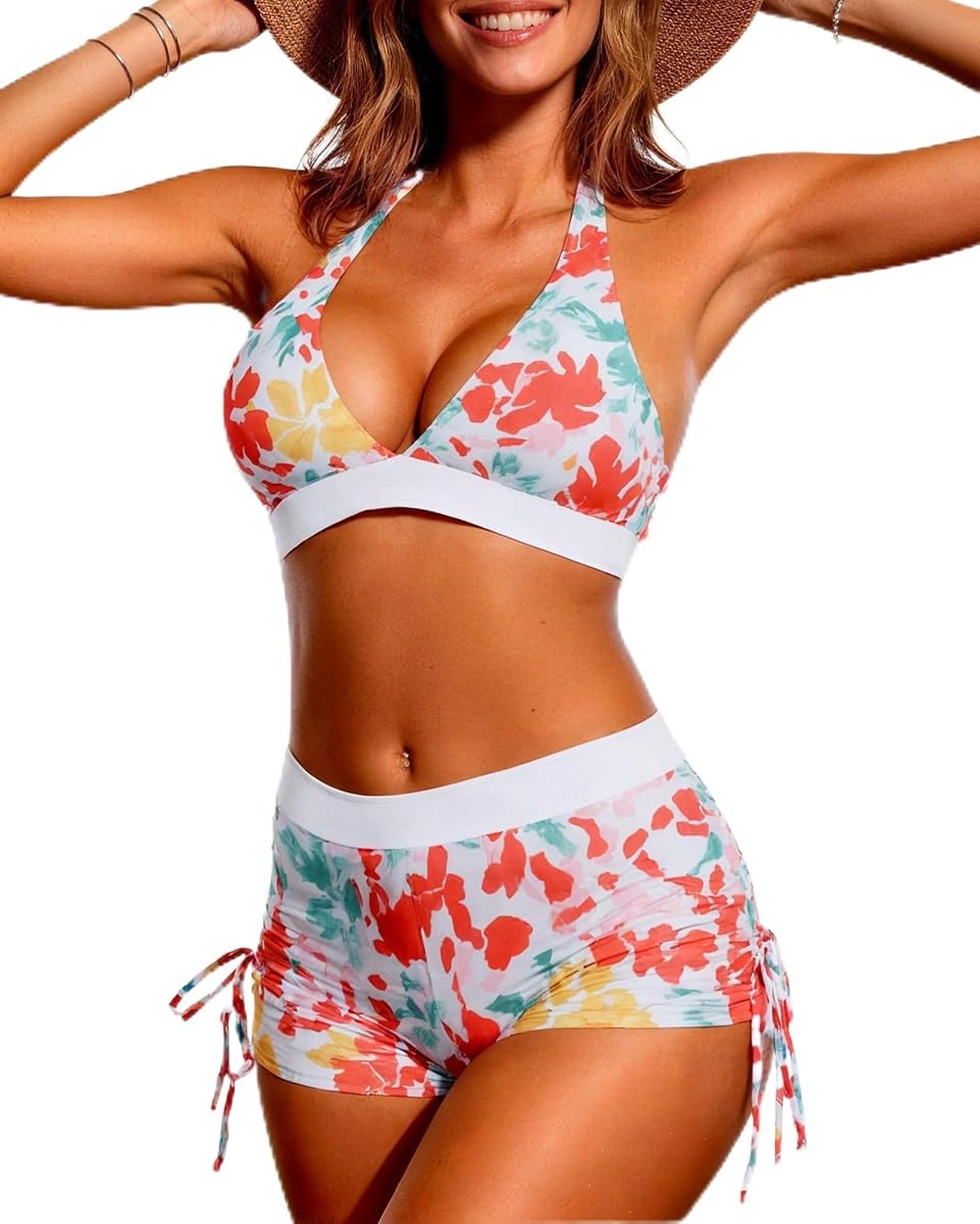 Womens Swimsuits Boy Shorts Bathing Suits Triangle Top Halter Bikini Set