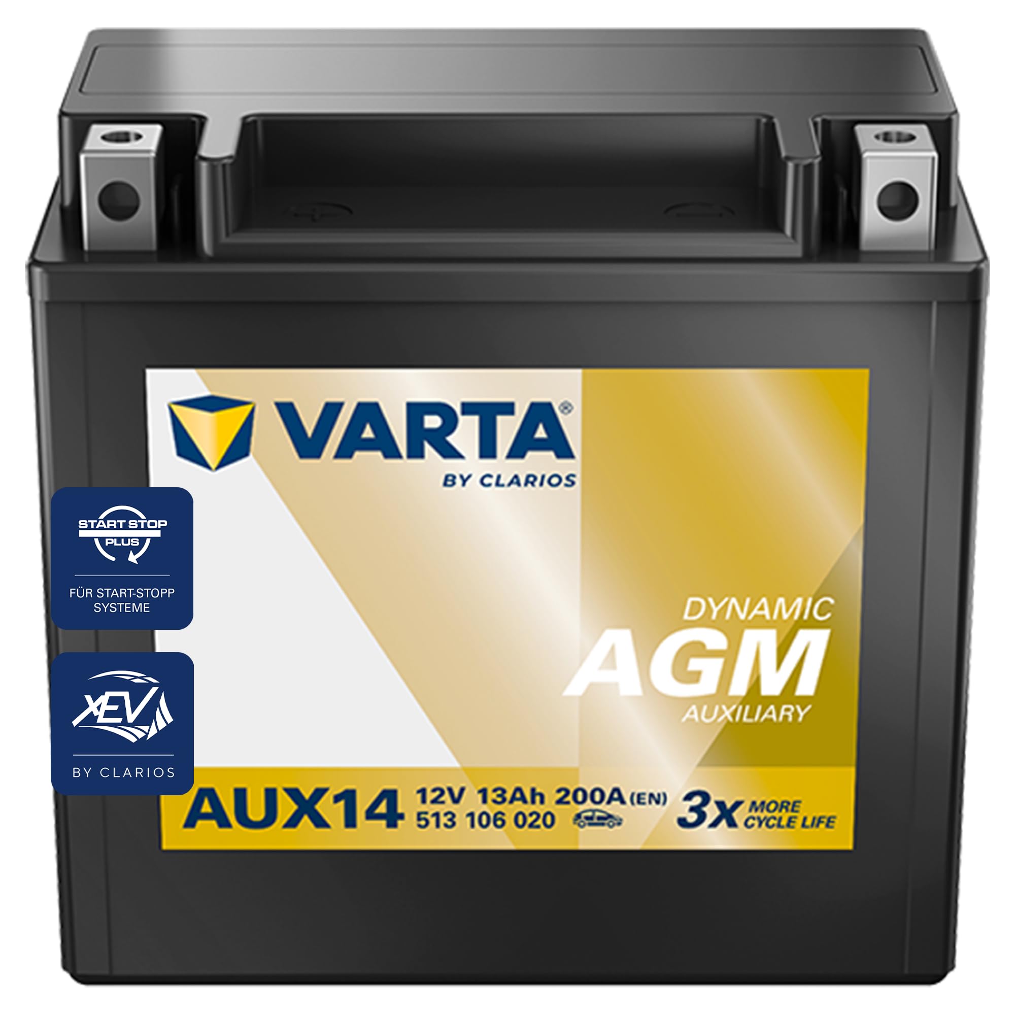 VARTA Automotive DYNAMIC AGM Auxiliary (AUX14) 12V 13Ah 200A - Stützbatterie Nassbatterie für KFZ - Zusätzliche Starterbatterie für Autos mit hohem Energiebedarf - Wartungsfreie Bleisäurebatterie