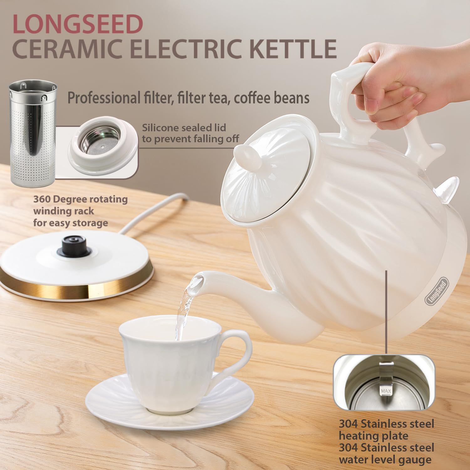 Ceramic Electric Kettle with Tea Infuser Cups Dominican