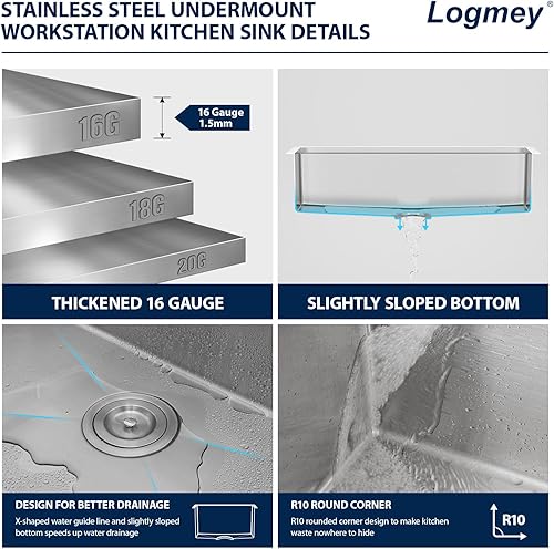 Miniatura 5 de Logmey - Fregadero de cocina de montaje inferior 32 x 19 pulgadas, fregadero de cocina de acero inoxidable calibre 16 con accesorios