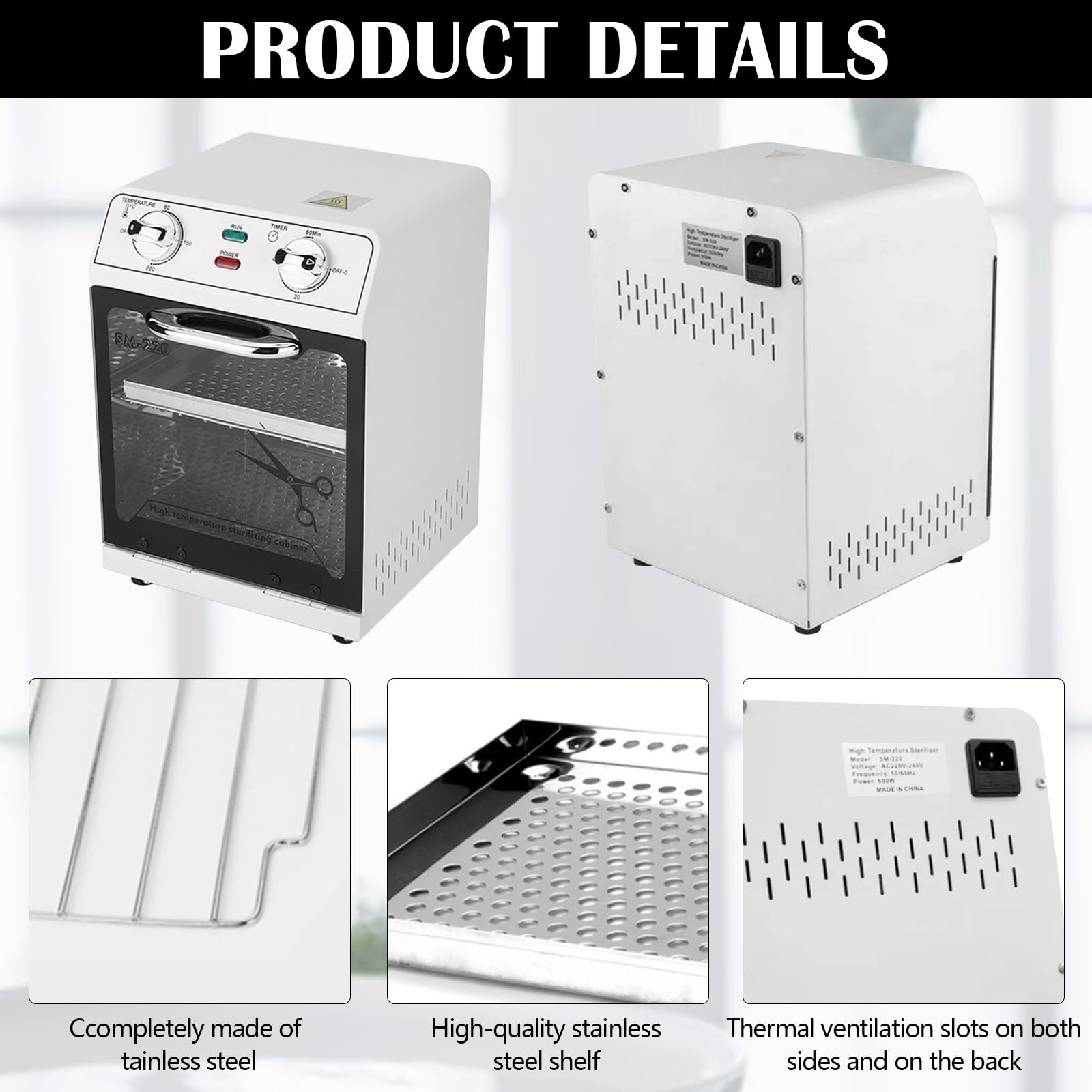 Desinfección Esterilizador Aire Caliente, 600W 8L 220℃ Esterilizador Calor Seco Esterilizador Alta Temperatura Esterilizador Herramientas para Uñas con Temporizador y Luz Indicadora para Peluquería