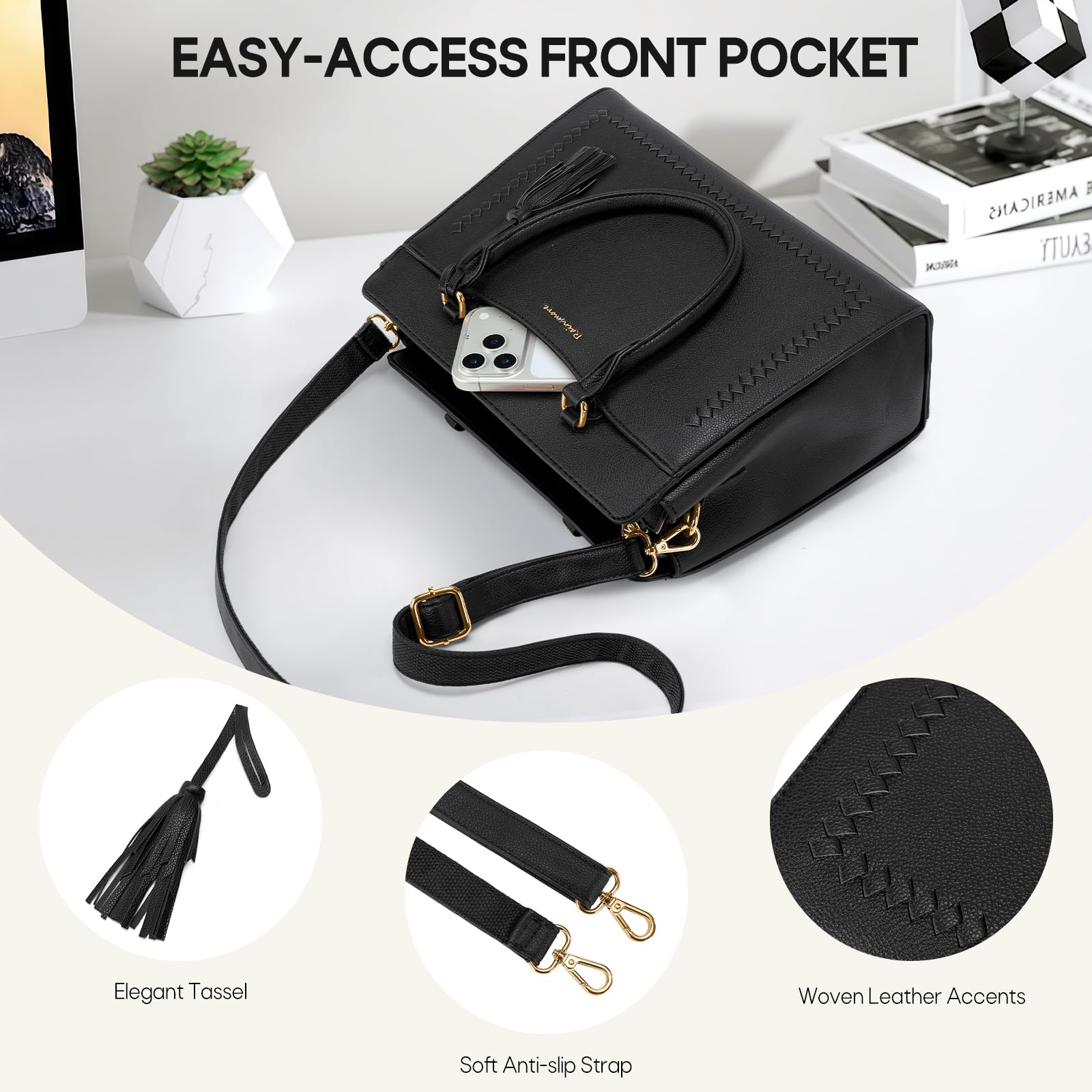 RAINSMORE Sac a Main Femme Moyen Elégant Sac Bandoulière Simili Cuir | Sac à Main Bandoulière Femme avec Multi Poche et Bandoulière Amovible pour Quotidien Travail Voyage Sac Universit