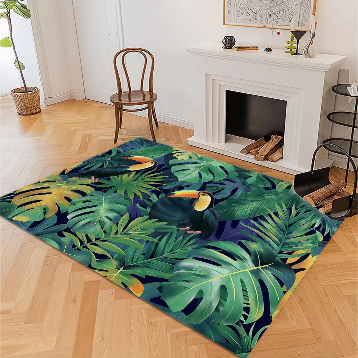 Tapis Doux et Confortable Antidérapant Tapis Lavable en Machine Carpettes 80x150cm Toucan de La Jungle Tropicale Tapis à Poil Court de Salon, Salle à Manger Chambre à Coucher, Vert