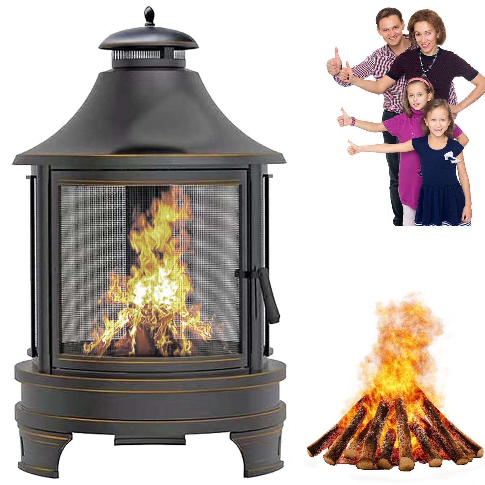 Ogrodowy piec opalany drewnem/Kominek ogrodowy typu chiminea | Powłoka antykorozyjna, wyjmowany pojemnik na popiół, deflektor dymu; idealny do ogrodu, na patio i do rozpalania ogniska