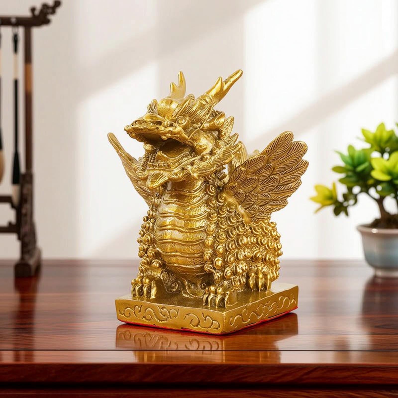 Drachenfigur Goldfarben Qilin-Figur Detailliert Drachenskulptur für Altar, 12 cm