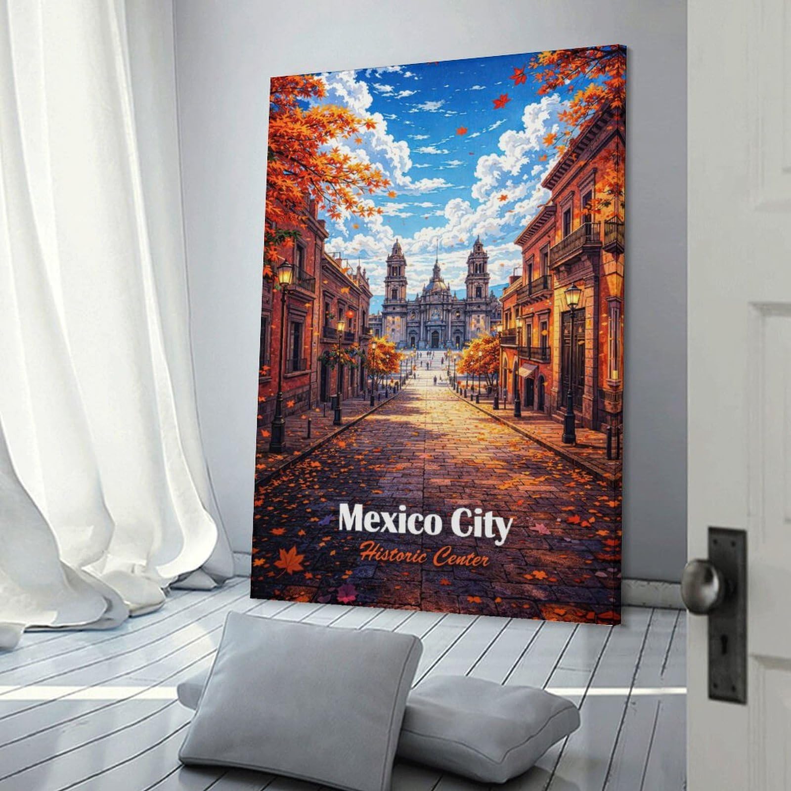 Junmoney Mexico City Historic Center Autumn Hanging Wall Art 16x24inch(40x60cm), for New Homes, Bedrooms Or Workspaces, Thoughtful Wall Decor for Art Lovers
