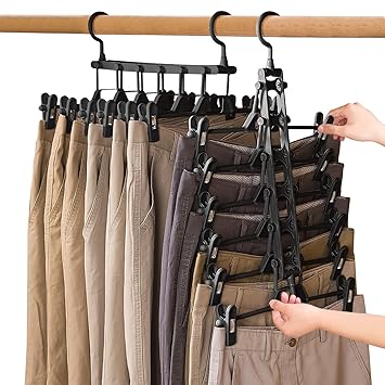2 Packs Pant Skirt Hangers with Clips, DILIBRA 6 Layers Plastic Space Saving Pants Rack Cloth Hangers, Foldable Closet Storage Organizer for Pants Jeans Slack Trousers Skirts Scarf Towels