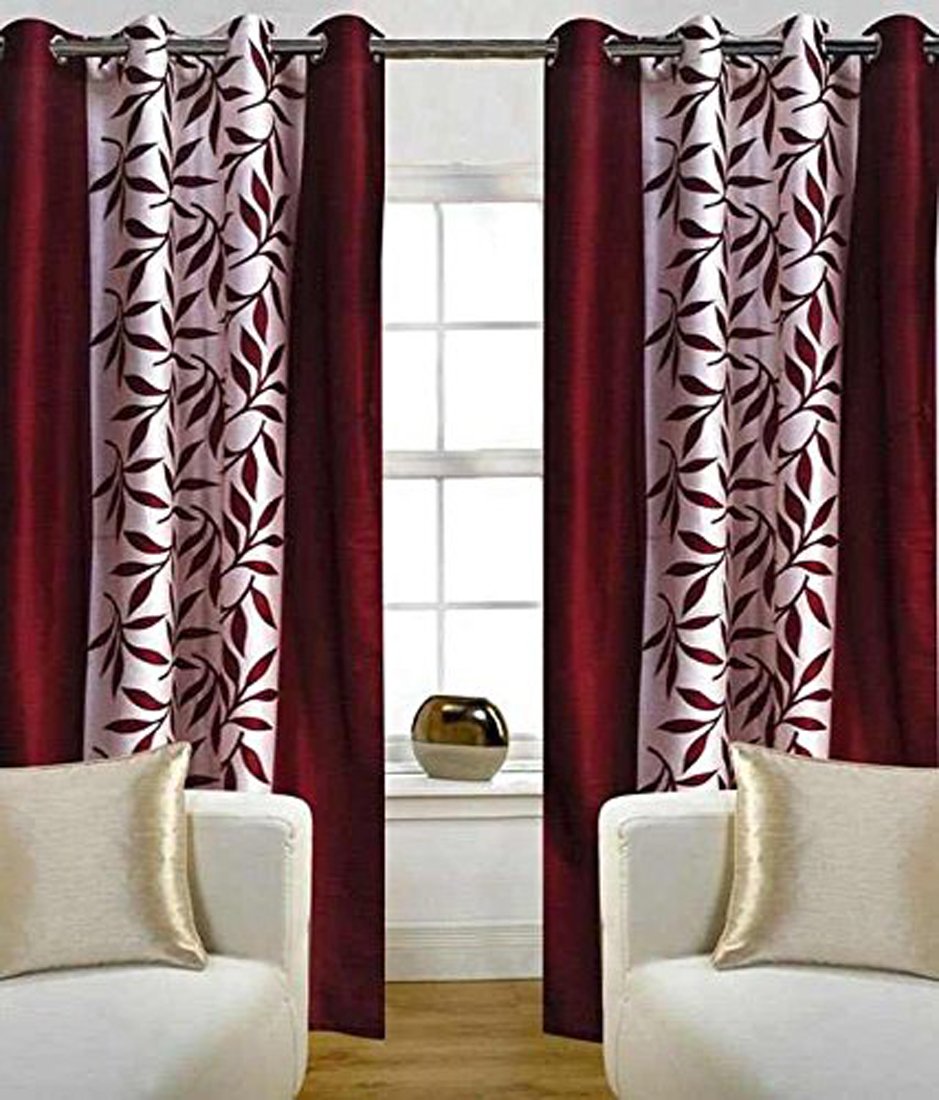 BRUXISM Inira Trendz Polyester Floral Curtain (4x5 feet , Multicolour, Maroon, Pack of 2), Grommets, Eyelet