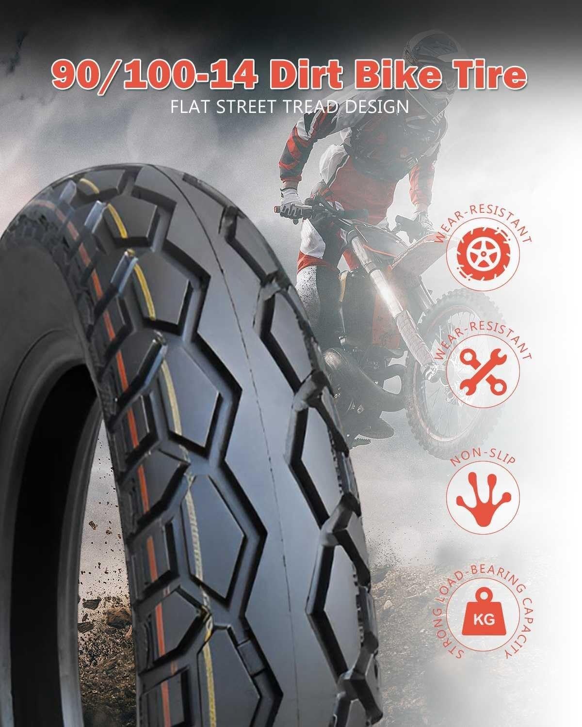 90/100-14 Opona do Motocykla Terenowego, Kompatybilna z 3.00-14, Niski Bieżnik Klinowy, Typ z Komorą, 49J 225 KPA 407 lbs Odporna na Ścieranie Wysoka Nośność