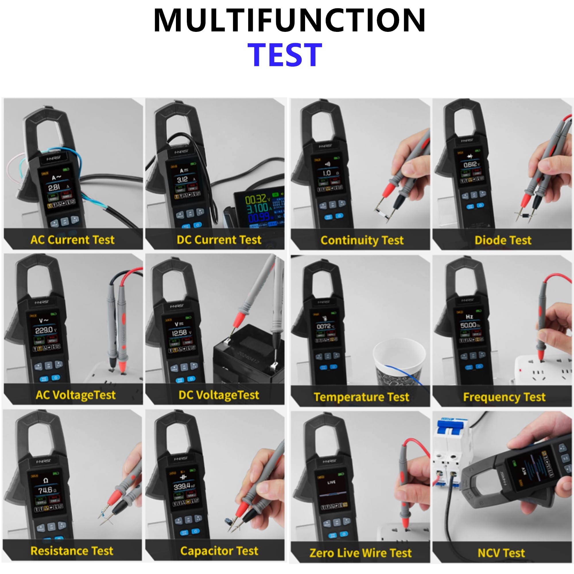 Pinza Amperimétrica Digital 9999 Cuentas TRMS, Multímetro Profesional, Mide Corriente/Voltaje AC/DC, Resistencia, Frecuencia, Capacitancia, Diodos, Continuidad, con Registro de Formas de Onda