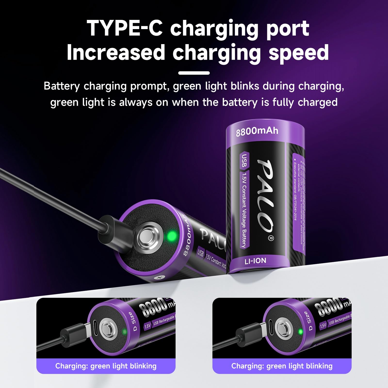 Batterie a celle D da 1,5 V USB-C LR20 8800 mAh, batteria al litio di tipo C, bassa autoscarica, con luce di ricarica, oltre 1500 cicli, confezione da 6 batterie D da 1,5 V