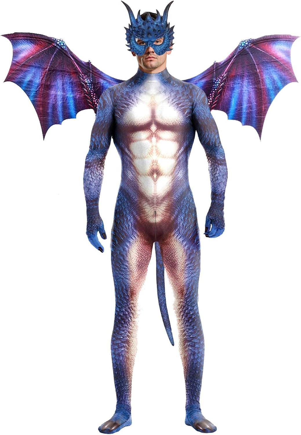 Adults Fullbody Dragon Costume Bodysuit with Wings,Mask,Tail,Halloween Dragon Muscle Animal Spandex Catsuit Costume